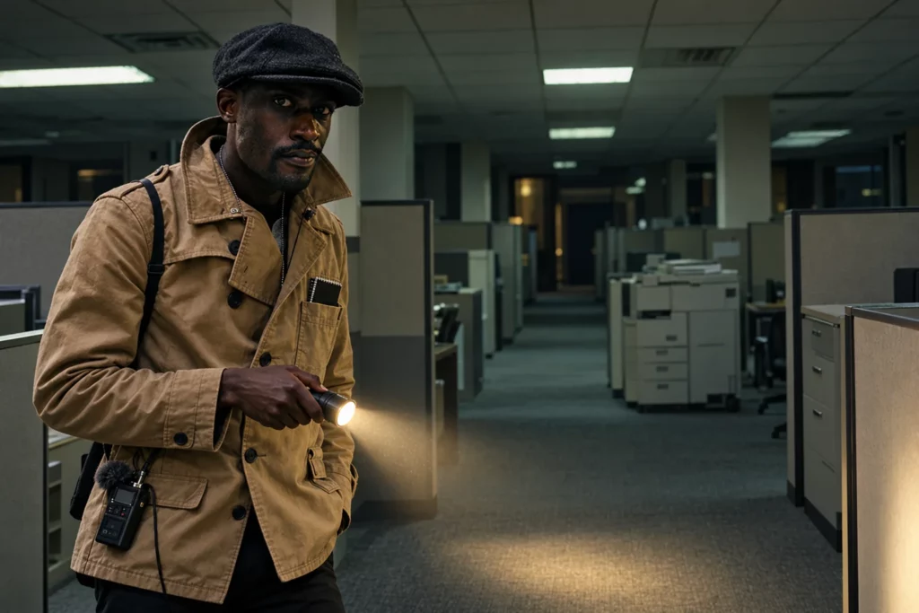 Jean-Rémi muni d’une lampe de poche dans un étage de bureaux vide