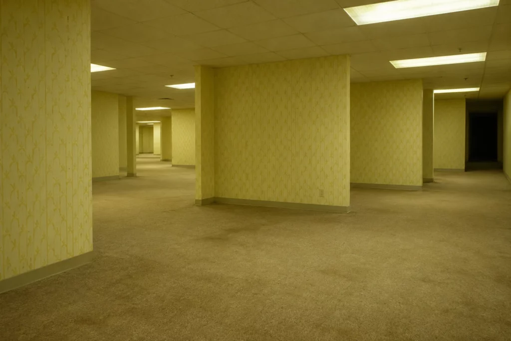 Un labyrinthe de pièces jaunes vides sous des néons