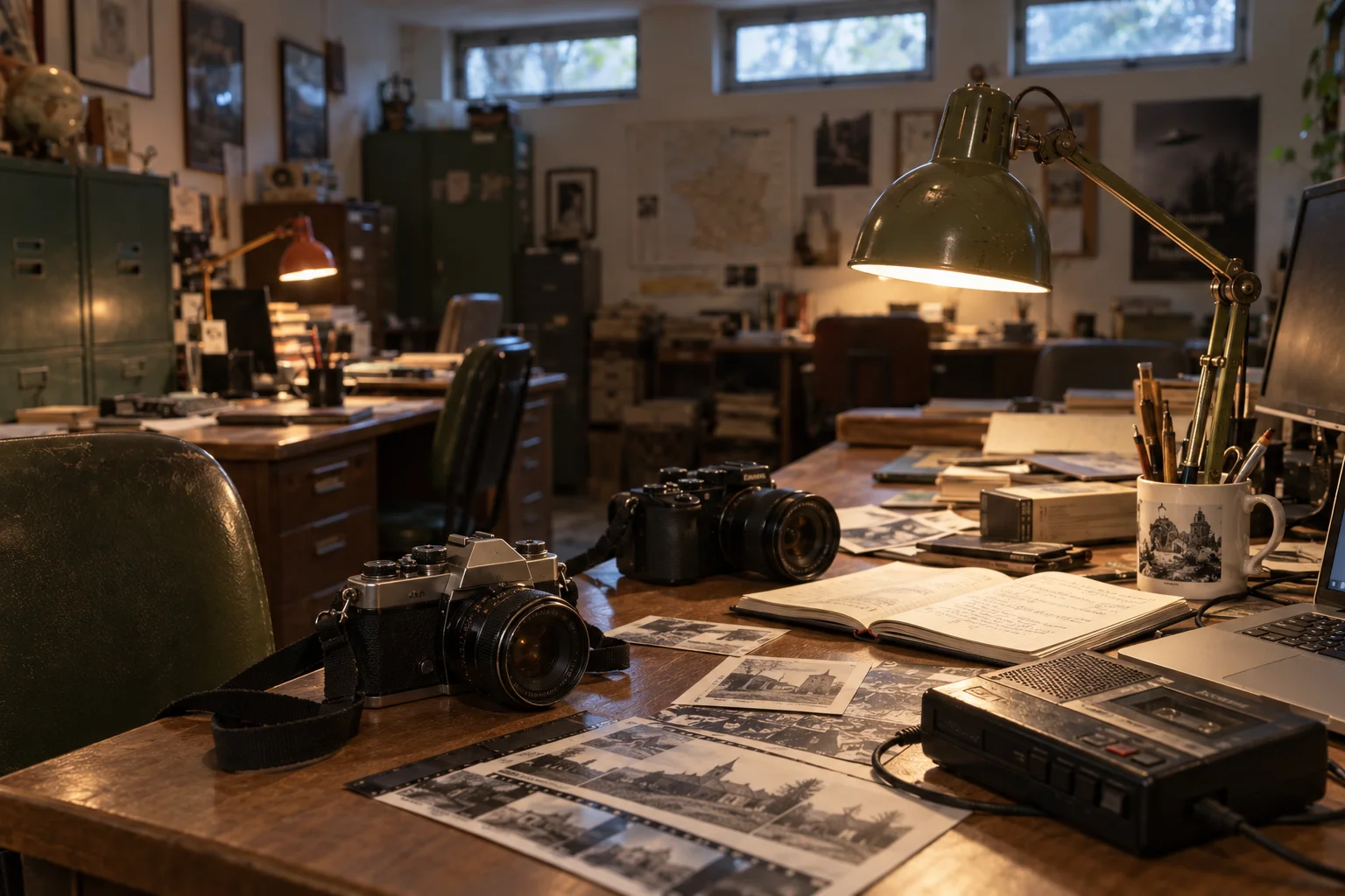 Appareils photo argentique et numérique, carnet et magnétophone sous une lampe de bureau verte