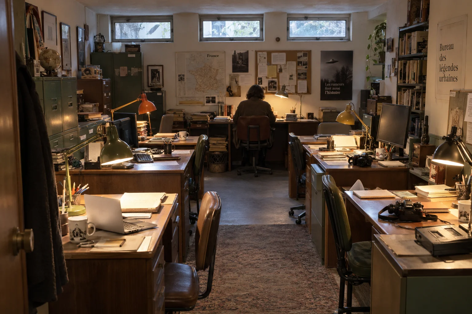 Vue du Bureau en sous-sol, avec ses fenêtres hautes, ses lampes de bureau et une personne assise de dos