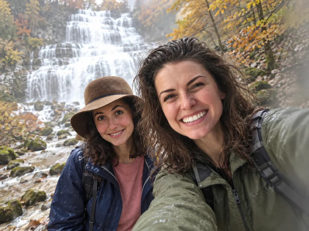 Selfie de Solène et Claire devant une cascade