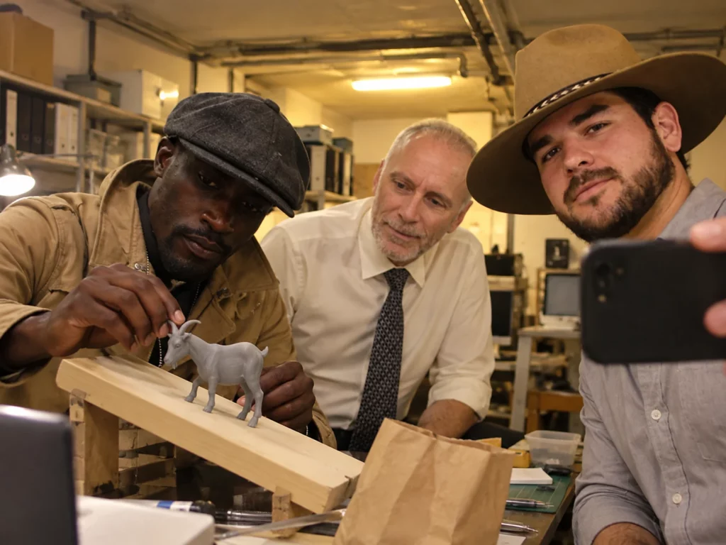 Jean-Rémi présente sa maquette à Yvan et Mathis