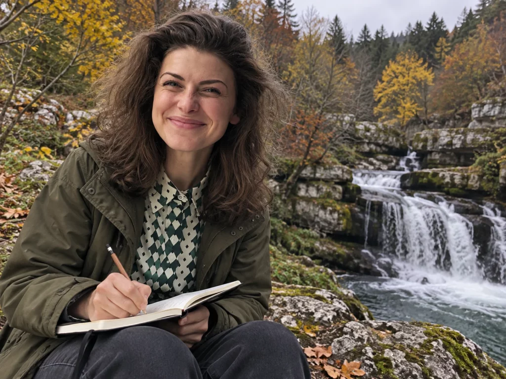 Solène et son carnet au bord de la cascade