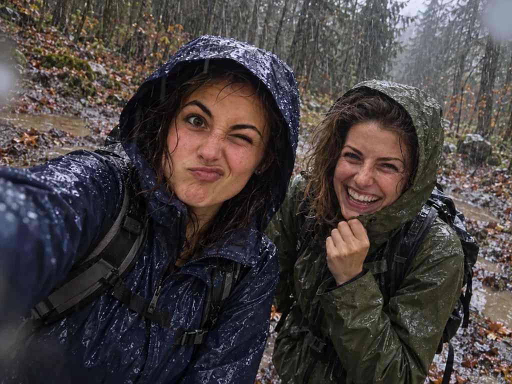 Claire fait une grimace sous la pluie, les deux enquêtrices ont relevé leurs capuches