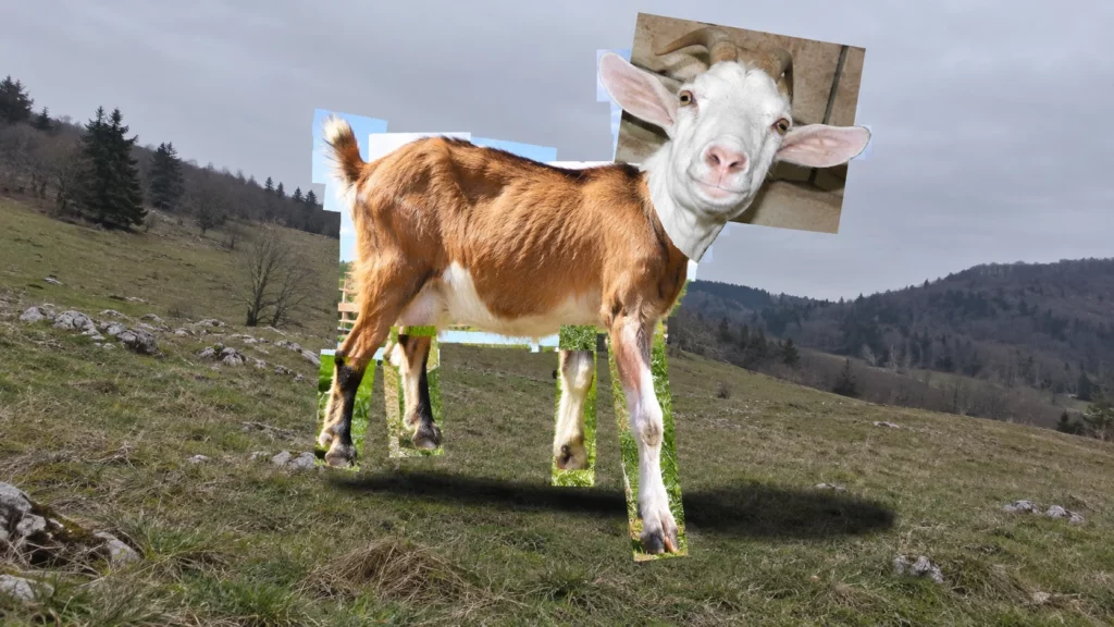 Dahu aux pattes inégales dans un photomontage humoristique volontairement maladroit