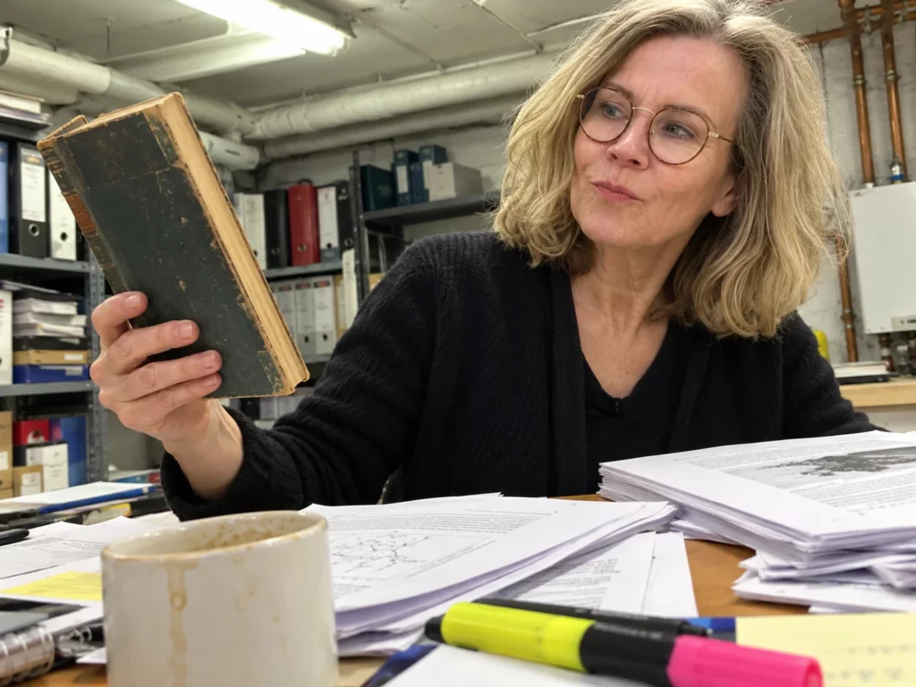 Alix lit les archives et les études dans le Bureau en sous-sol