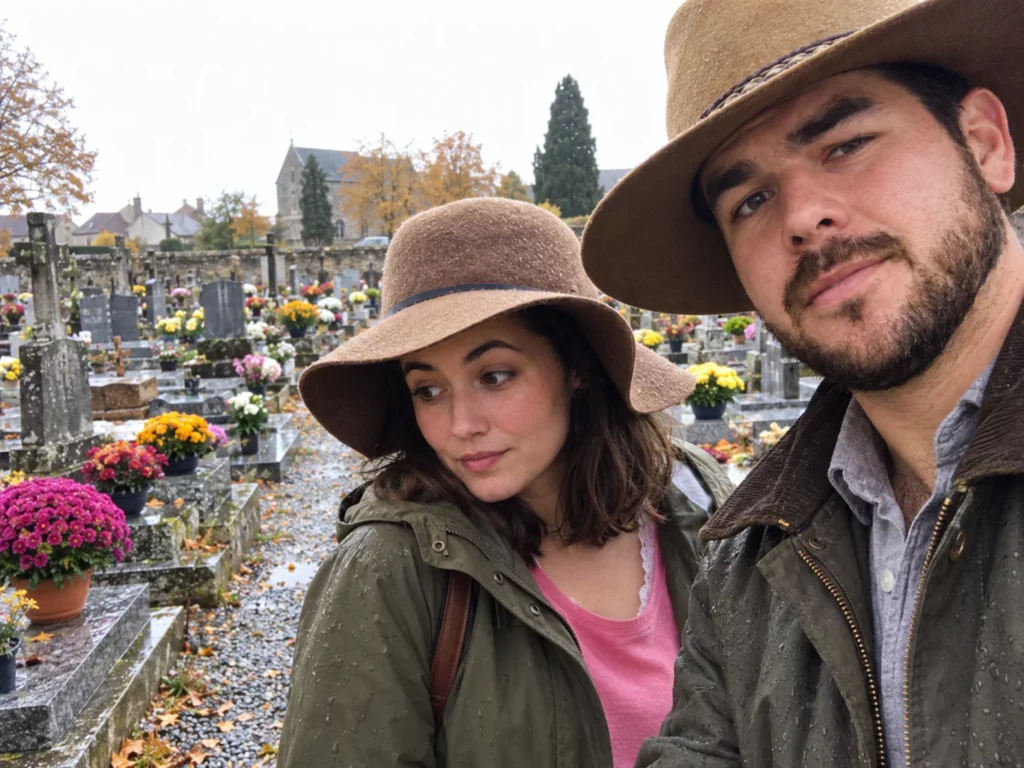Claire et Mathis dans une allée fleurie du cimetière