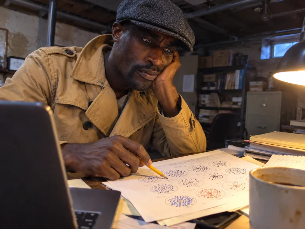 Jean-Rémi examine des documents scientifiques au Bureau