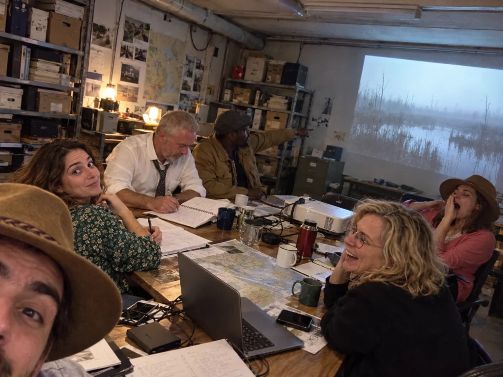 Les six membres du Bureau regardent la projection du marais