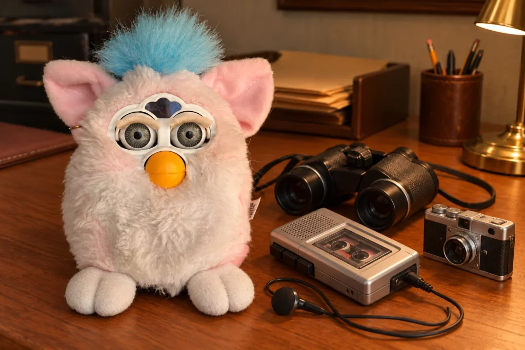Un Furby blanc et rose à côté de jumelles, d’un magnétophone et d’un appareil photo