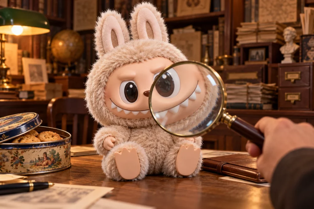 Une peluche Labubu examinée à la loupe sur une table de travail