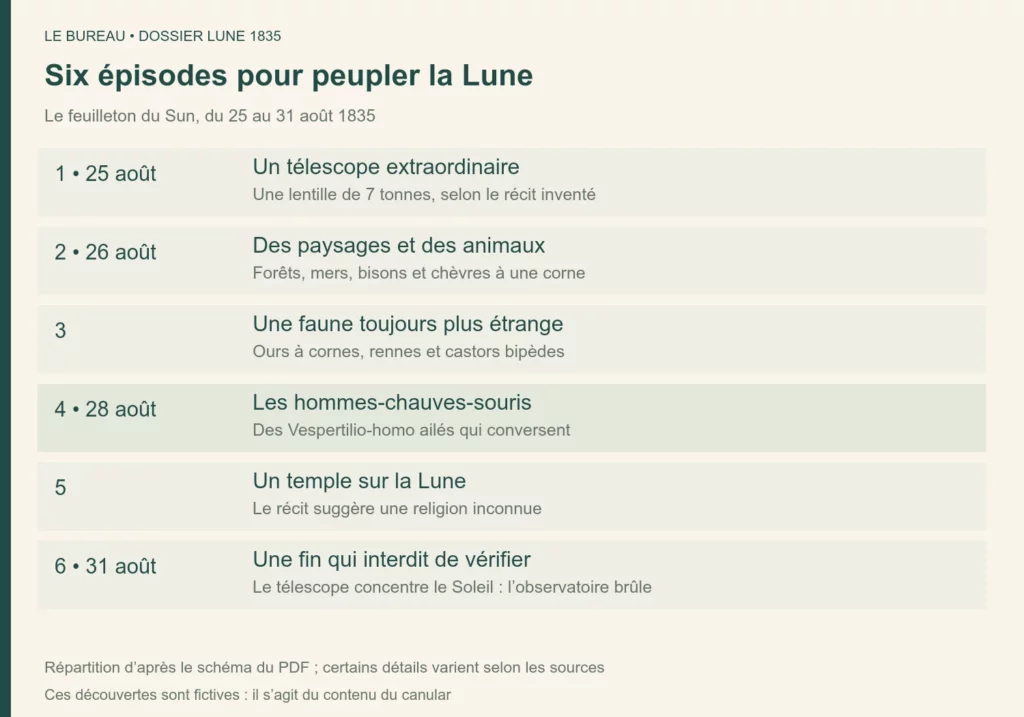 Les six épisodes du canular de la Lune publiés du 25 au 31 août 1835