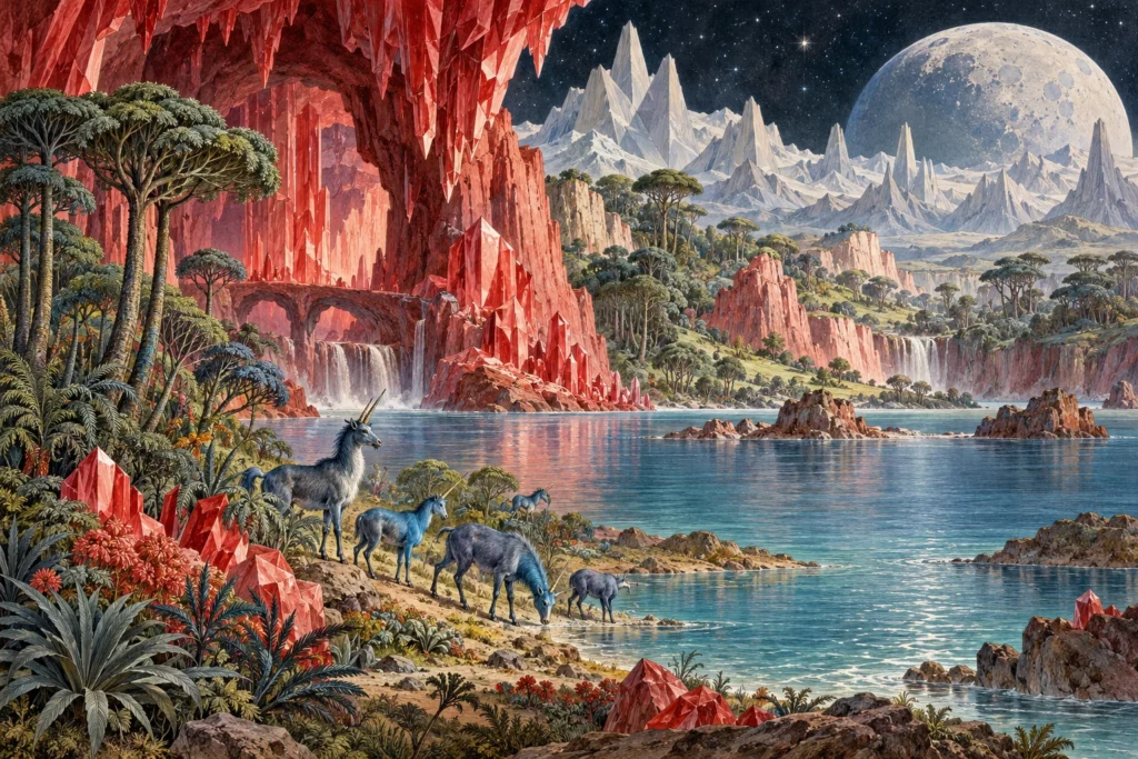 Forêts, cavernes de rubis et animaux extraordinaires : évocation imaginaire de la Lune du canular de 1835 — illustration créée avec l’IA