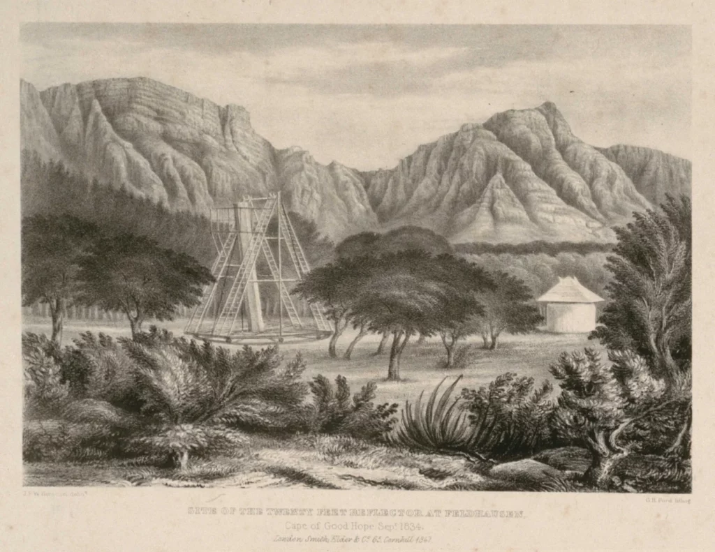Le télescope de John Herschel à Feldhausen, au cap de Bonne-Espérance — gravure historique