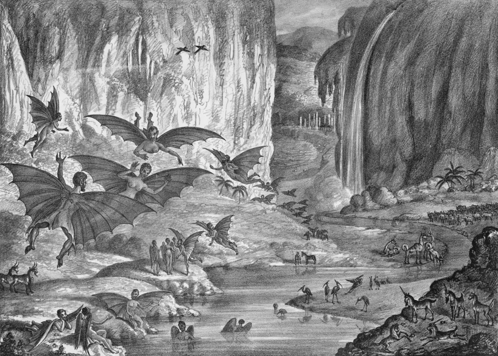 Paysage et créatures imaginaires du canular lunaire — lithographie historique