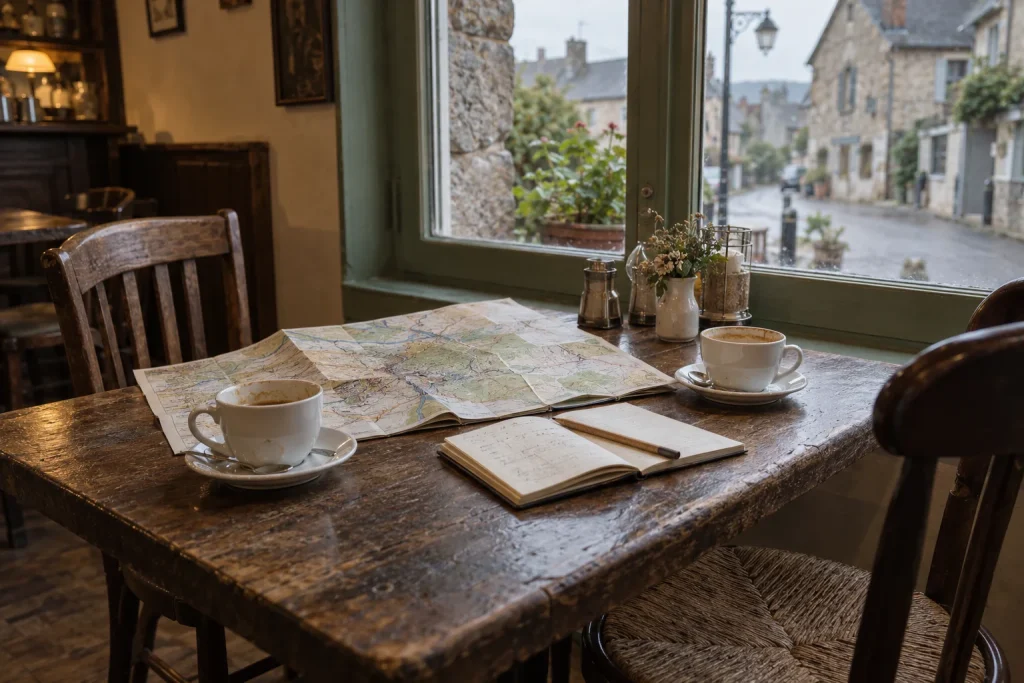 Deux tasses de café, une carte et un carnet sur une table près d’une fenêtre
