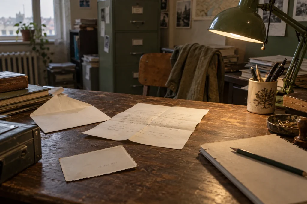Enveloppe ouverte, lettre et photographie retournée sur un bureau éclairé par une lampe verte