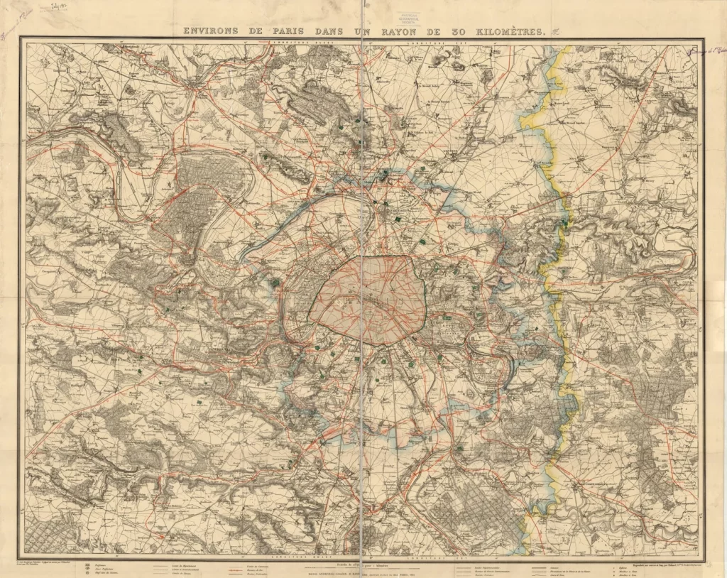Carte des environs de Paris dans un rayon de trente kilomètres en 1911