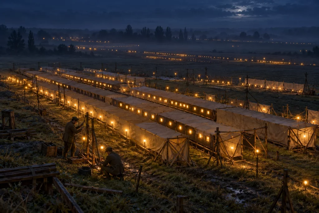 Évocation nocturne d’un chantier de leurre lumineux fait de bois et de toile