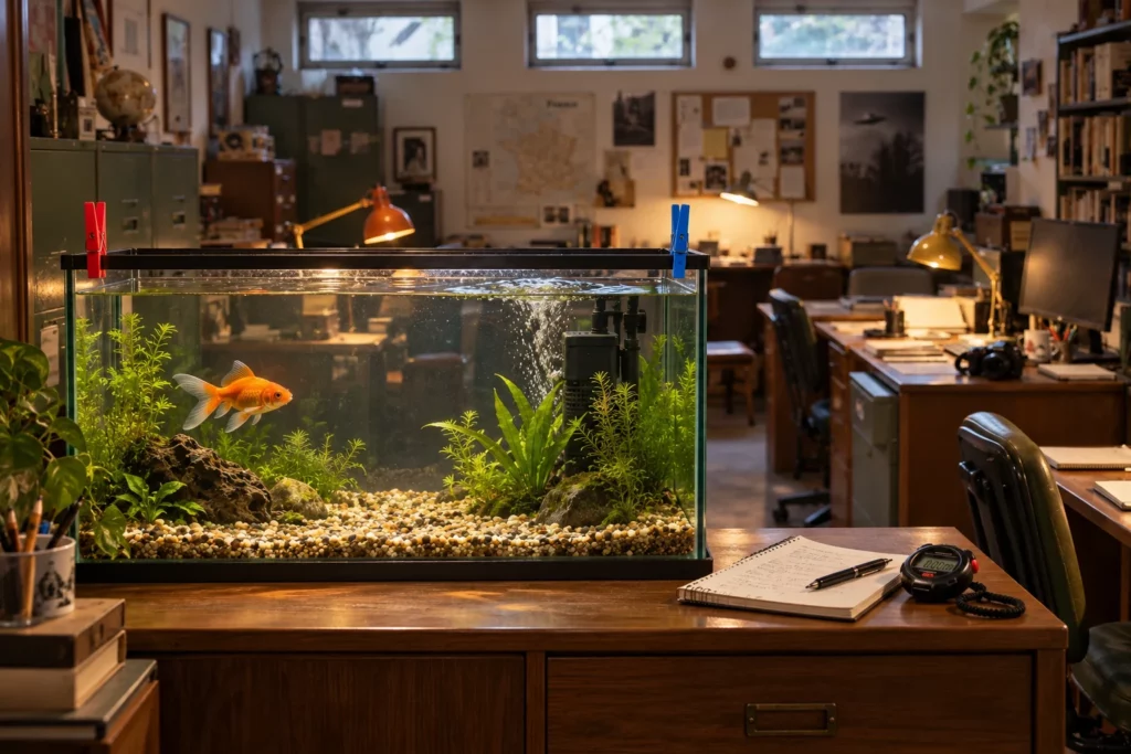 Un aquarium dans le Bureau, avec une pince rouge à gauche et une pince bleue à droite