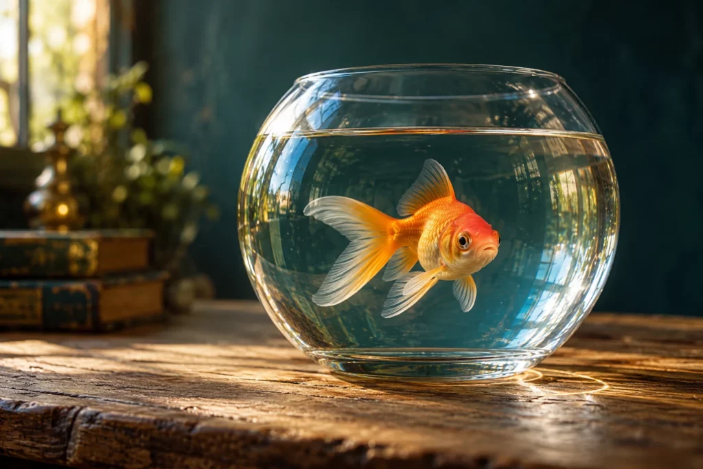 Un poisson rouge dans un bocal en verre, éclairé par la lumière naturelle