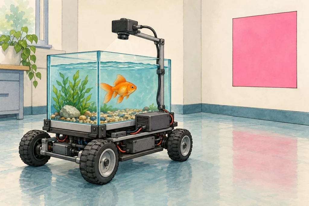 Dessin d’un aquarium sur roues guidé par la position du poisson