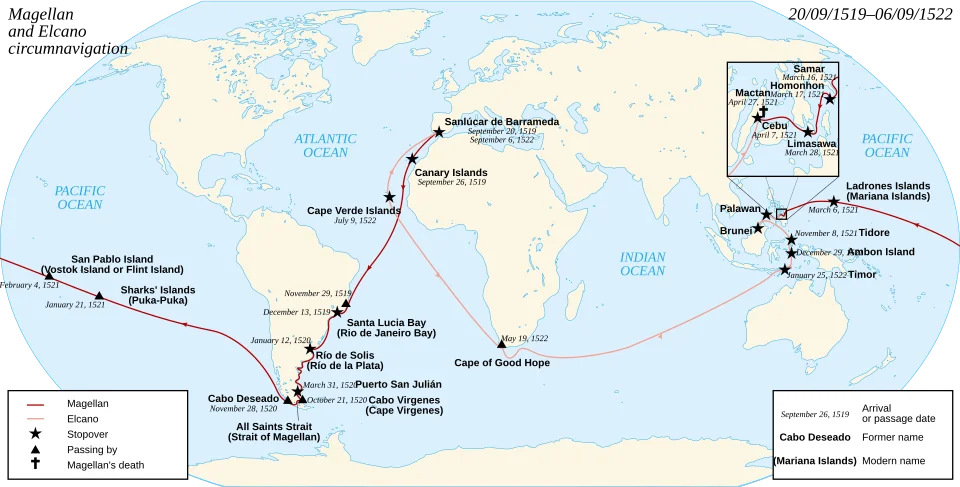 Carte du voyage de circumnavigation de Magellan et Elcano