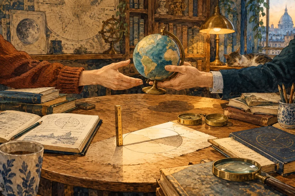 Un globe transmis de main en main autour d’une table de travail