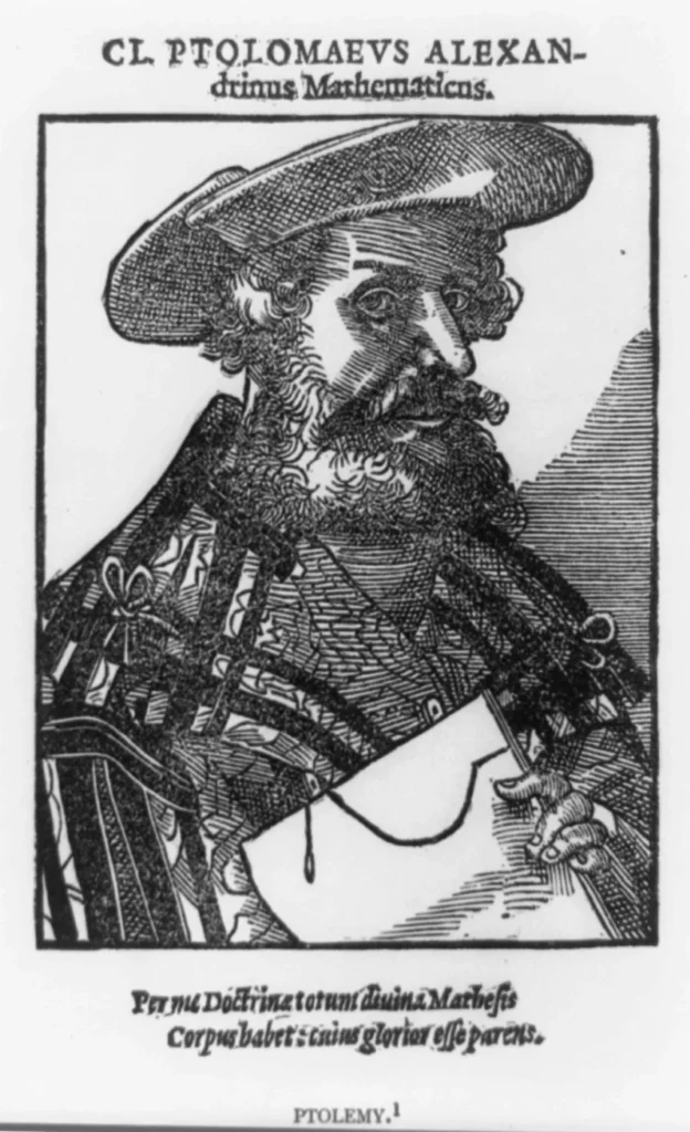 Ptolémée représenté dans une gravure de 1886 — un portrait imaginé bien après l’Antiquité