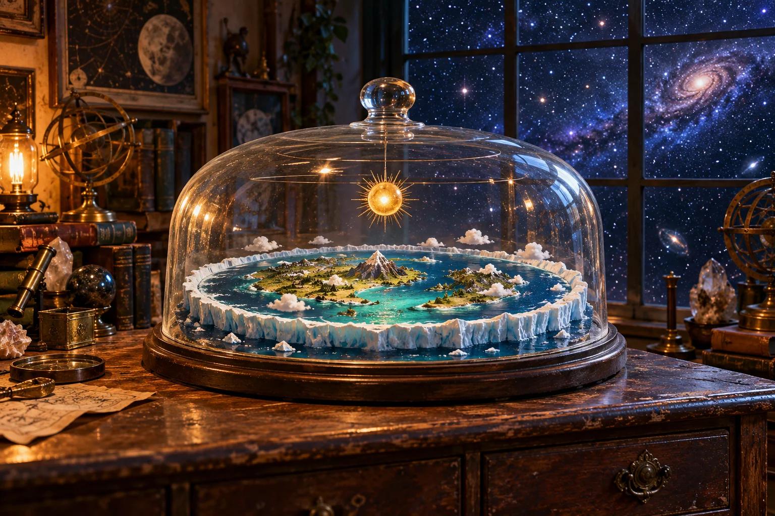 Une Terre plate miniature sous une cloche de verre face au cosmos