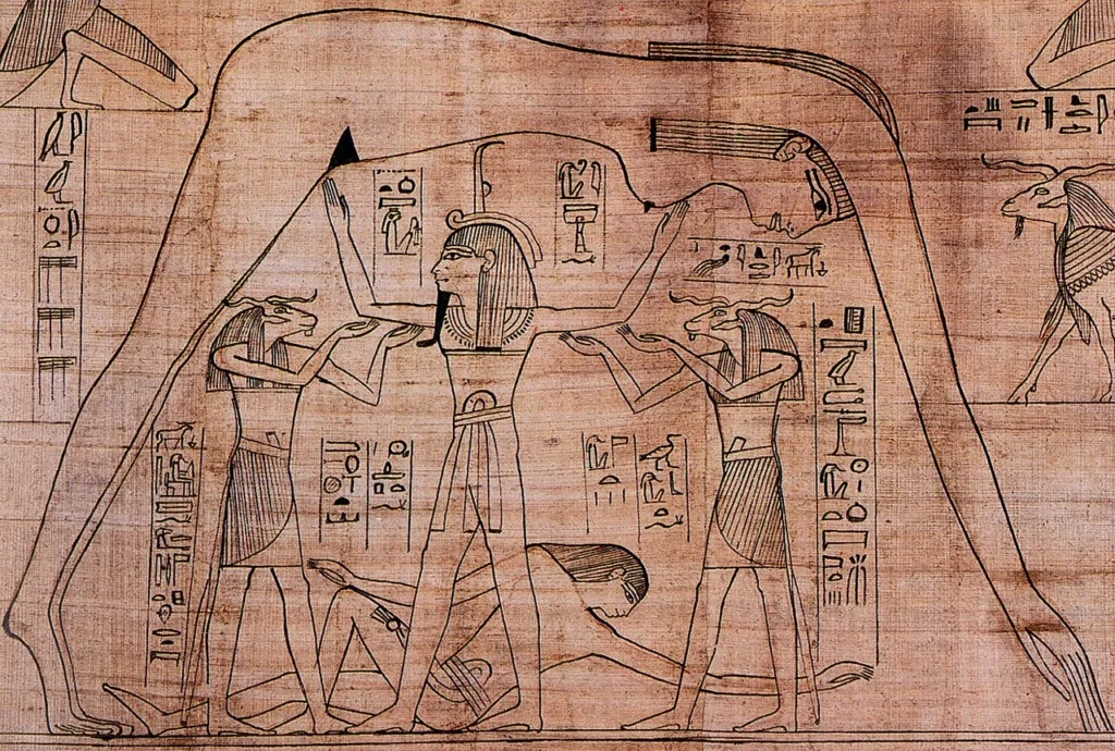 Nout, Geb et Chou — détail du papyrus Greenfield, vers 950–930 av. J.-C.
