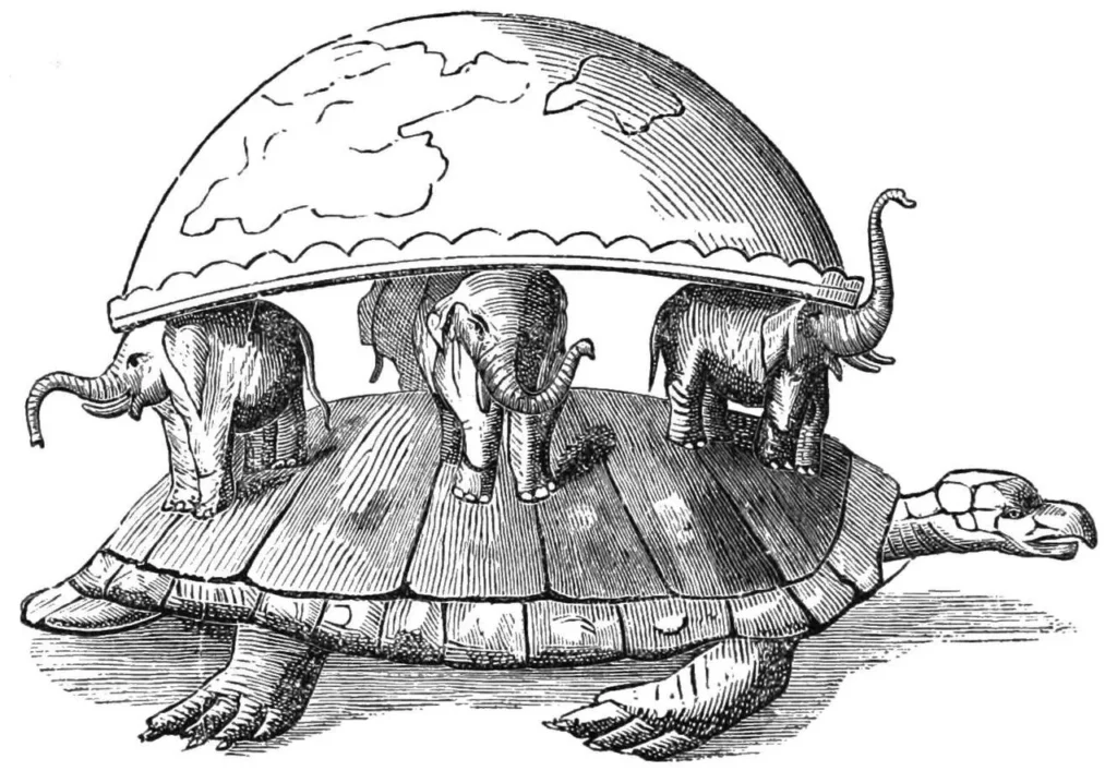 Le monde porté par des éléphants sur une tortue — gravure de Popular Science Monthly, vol. 10 (1876–1877)
