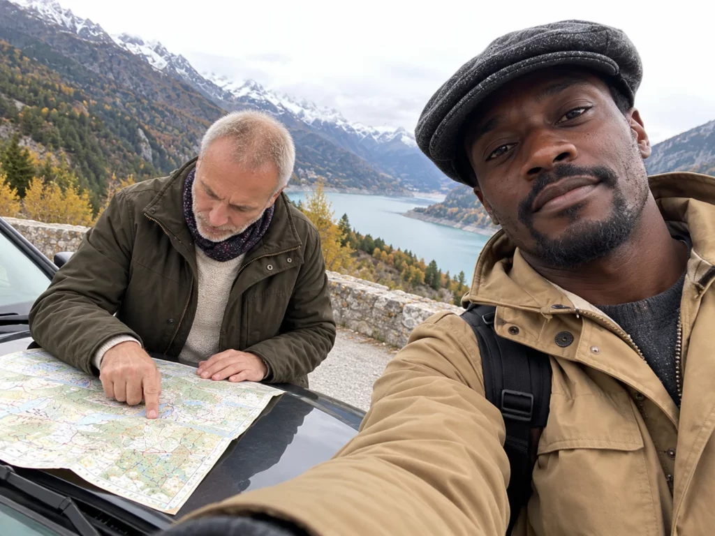 Selfie de Jean-Rémi pendant qu’Yvan consulte la carte